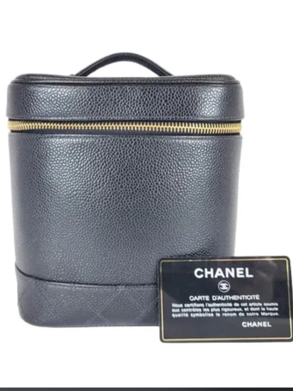 CHANEL Black Leather Top-Handle Vanity Case with Gold Zipper